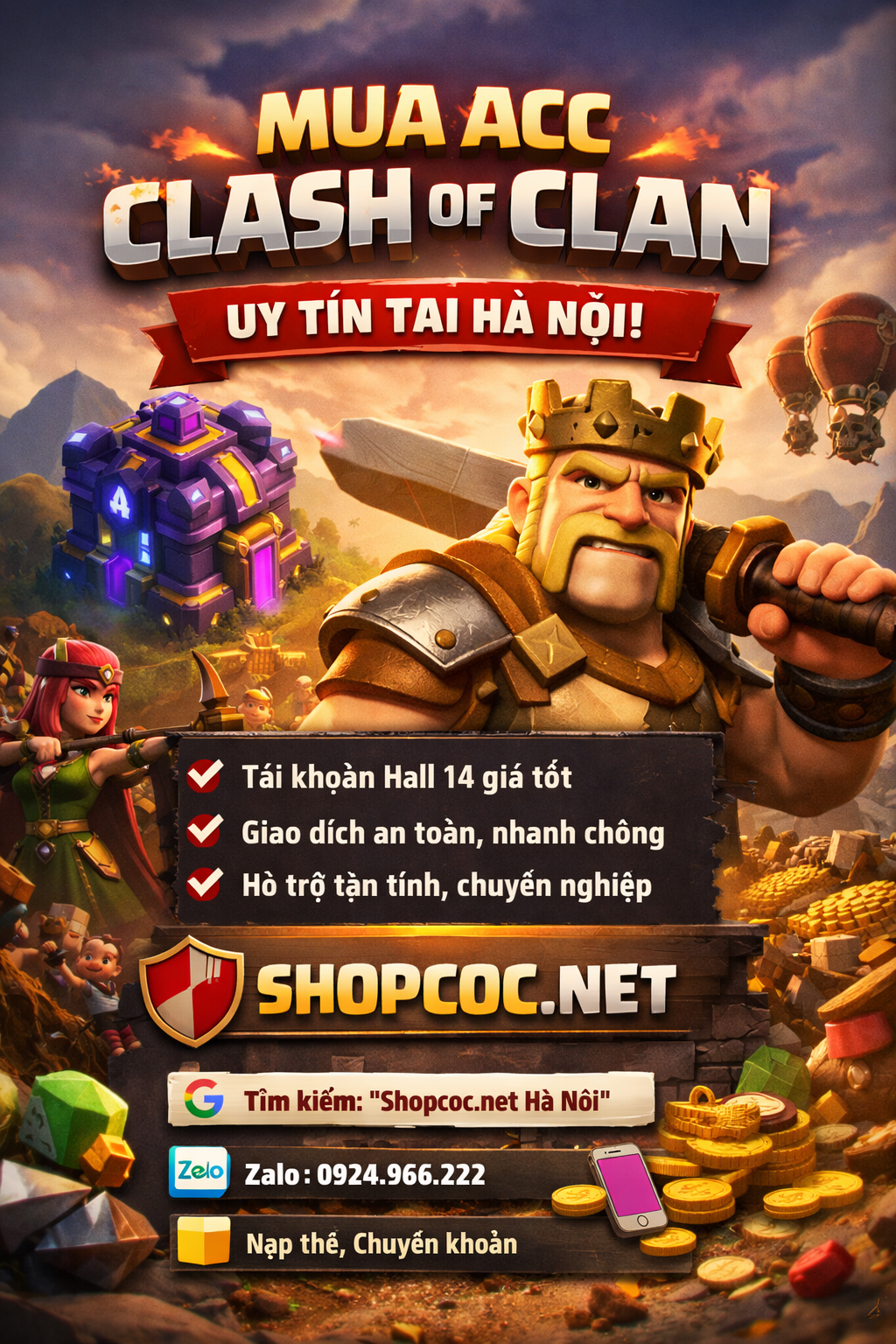 Hà Nội mua acc Clash of Clan Hall 14 ở đâu uy tín ?